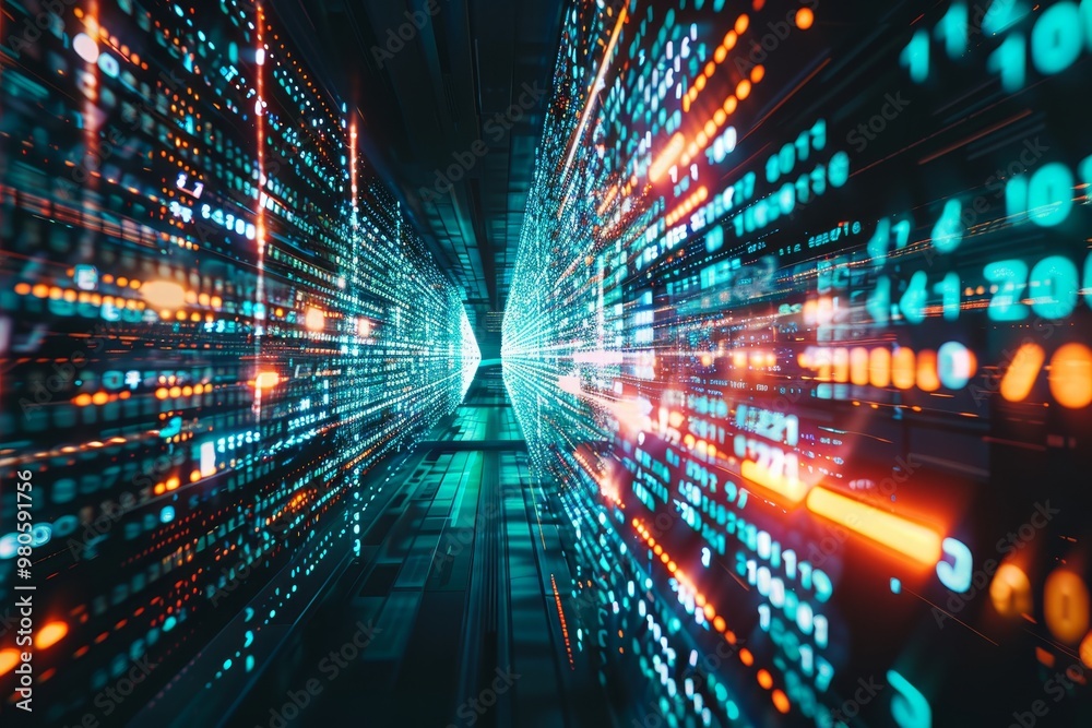 Leinwandbilder Digital data streams with binary codes, symbolizing the flow of information in cyberspace and the intricate design of modern technology and programming.