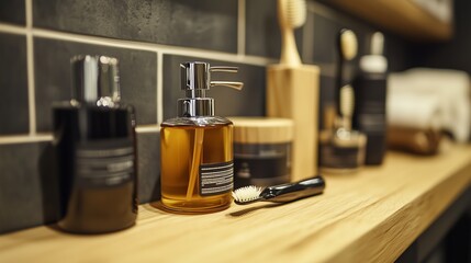 Stylish bathroom countertop with organic skincare products and toothbrush holder in a modern design