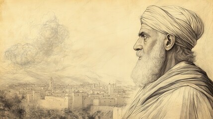 Fototapeta premium Biblical Illustration of Rehoboam’s Reign in 2 Chronicles, Reflective Rehoboam in Later Years, Contemplating Successes and Failures Overlooking Jerusalem, Beige Background