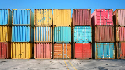Fototapeta premium Multi-colored cargo containers on the pier of a cargo logistics port. AI Generated