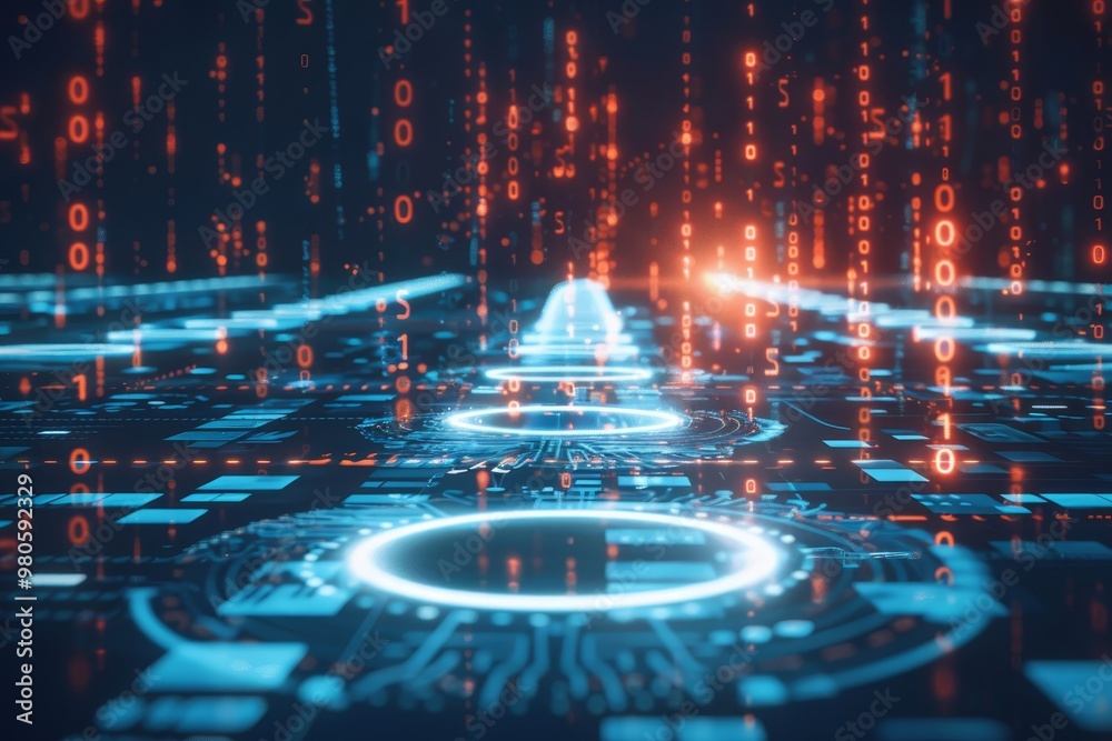 Fototapete Digital data streams with binary codes, symbolizing the flow of information in cyberspace and the intricate design of modern technology and programming.