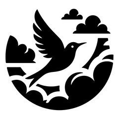 Bird flying through clouds, vector silhouette, On a White Background