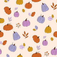 Colorful pattern with pumpkins and leaves. Design for wrapping paper, textile and wallpaper.