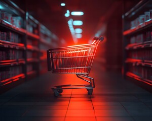 A shopping cart illuminated by a red glow stands alone in a dark aisle, signifying consumerism and retail experiences.