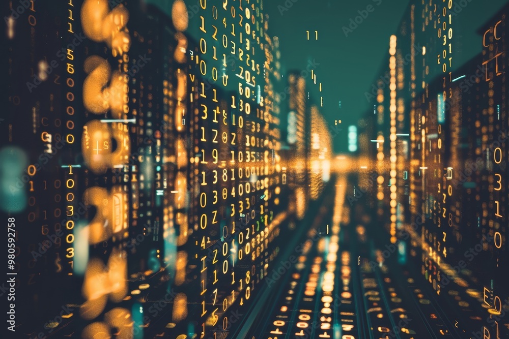 Poster  Abstract digital rings intertwined with data streams, representing the dynamic flow of information and innovation in the digital and technological landscape.