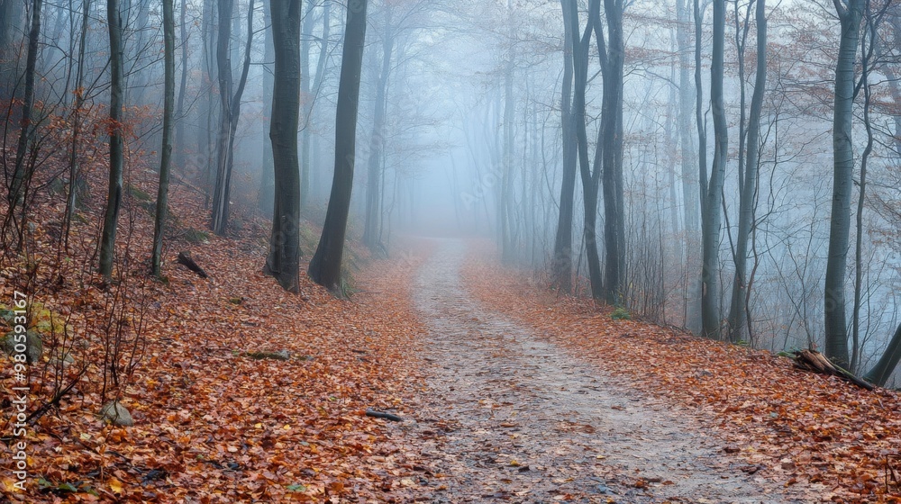 Aufkleber a winding path cuts through a tranquil forest draped in fog, with fallen leaves covering the ground,