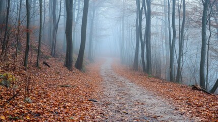 Fototapeta premium A winding path cuts through a tranquil forest draped in fog, with fallen leaves covering the ground, creating a peaceful autumn atmosphere in the early morning hours.