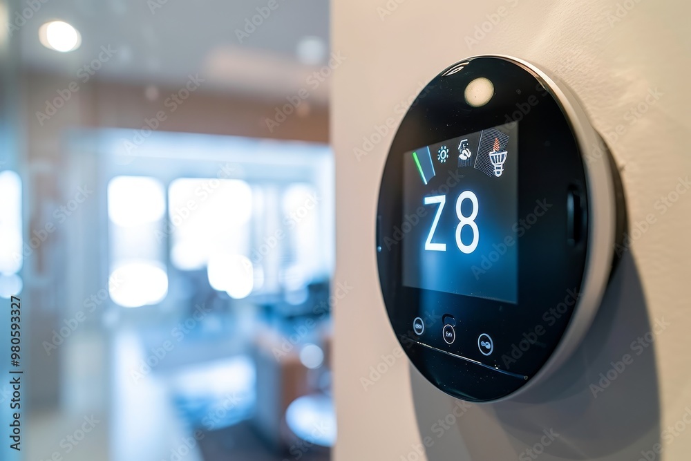 Poster smart thermostat on a wall, providing digital temperature control for a modern home, representing co
