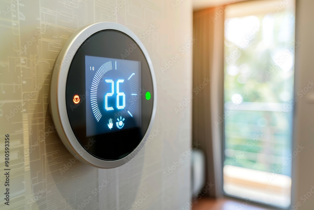 Poster smart thermostat on a wall, providing digital temperature control for a modern home, representing co
