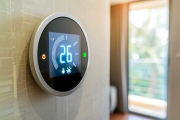 Smart thermostat on a wall, providing digital temperature control for a modern home, representing convenience and energy efficiency through advanced home technology.
