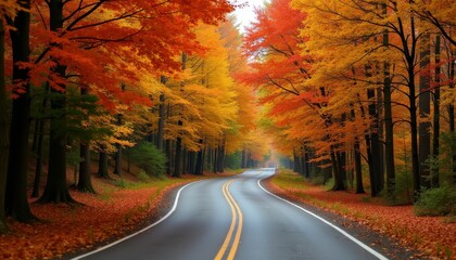 Obraz premium A Scenic Drive Through a Forested Road with a Tunnel of Vibrant Autumn Leaves Creating a Picturesque Canopy
