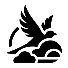 Bird flying through clouds, vector silhouette, On a White Background