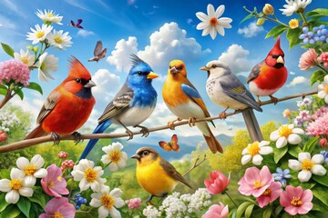 Fototapeta premium Colorful cartoon birds, including robins, blue jays, and cardinals, perch on branches of blooming flowers amidst sunshine and fluffy white clouds.