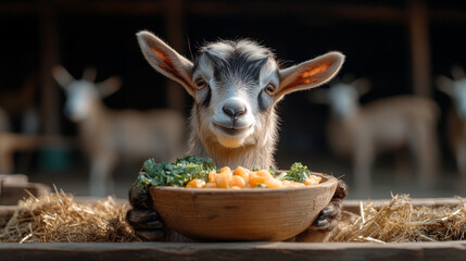 Baby goat smiles while holding a bowl full of fresh vegetables