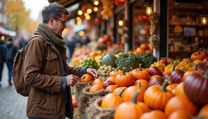 Autumn Market Scene with Colorful Fall Produce, Handmade Crafts, and a Bustling Atmosphere of Seasonal Cheer