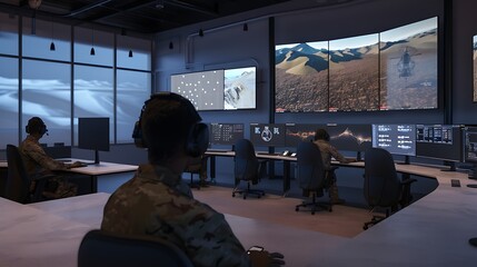 Soldiers working in military control room with monitoring screens and equipment for strategic operations coordination defense communication and security concept.
