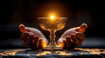 Person holds a gleaming golden chalice with both hands, bathed in a radiant inner glow
