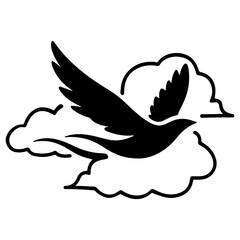 Bird flying through clouds, vector silhouette, On a White Background
