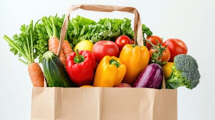 Healthy food background. Healthy food in paper bag vegetables and fruits on white. Food delivery, shopping food supermarket concept