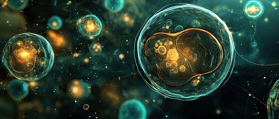 Intricate digital art of a stem cell with multiple differentiation potentials, glowing and detailed, reflecting scientific potential