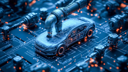 Fototapeta premium The future of automotive manufacturing: a robotic arm assembling an electric car on a circuit board