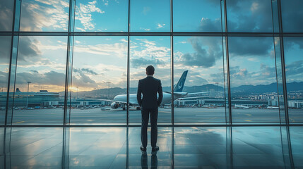 Fototapeta premium A businessman in a suit looking at an airplane through a large glass window