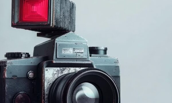Vintage camera with flash attachment on white background, Video