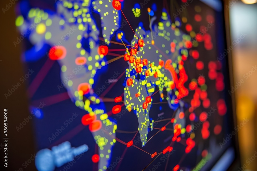 Aufkleber A world map illuminated by digital data points, representing global connectivity and the modern network of communication and cybersecurity in a technology-driven world.