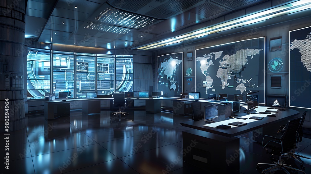 Poster futuristic control room with multiple computer monitors displaying information about a global networ