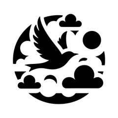 Bird flying through clouds, vector silhouette, On a White Background