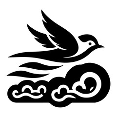 Bird flying through clouds, vector silhouette, On a White Background