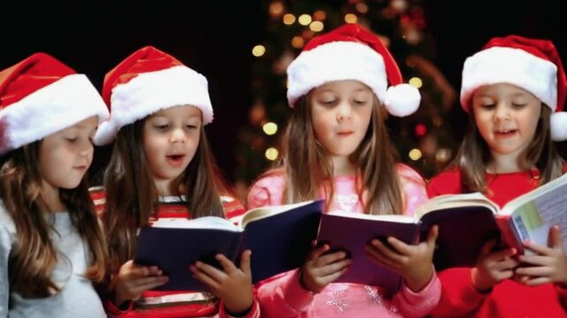 Four young girls wearing Santa hats singing Christmas carols.