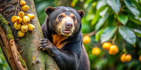 "Capture the warm, golden light of a sun bear's fur as it climbs a tree in its forest habitat, eyes fixed on a ripe fruit.