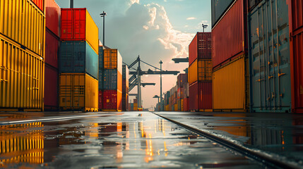 Multi-colored cargo containers on the pier of a cargo logistics port. AI Generated