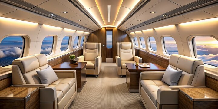 Luxurious aircraft cabin featuring cream-colored leather seats, polished wood trim, and sleek LED lighting, with a crystal-clear view of the clouds outside.