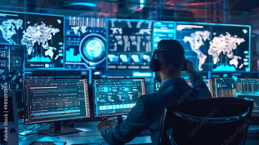 Poster man in a suit and headphones is working on data in front of multiple monitors in a tech office.