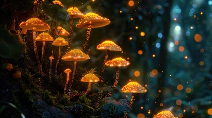 beautiful glowing mushrooms in dark forest