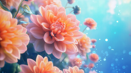 A close-up of a bouquet of pink flowers with a blue sky in the background. The flowers are in full bloom and the sky is clear and bright