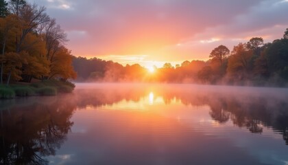 Beautiful Fall Sunrise Over a Tranquil Lake with Mist Rising from the Water and Trees Reflected in the Calm Surface