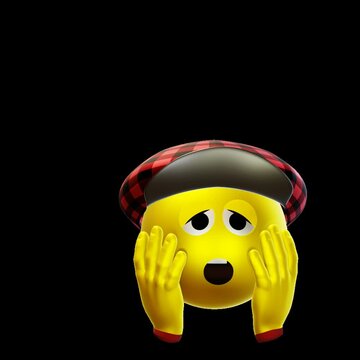 animated emote with cap, bouncing smiley, surprised, confused, horrified, desperated, shocked, transparent background, loop