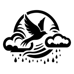 Bird flying through clouds, vector silhouette, On a White Background