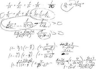 Set of mathematical formulas and solutions to problems and equations. Homework of a student. Vector image of algebra and geometry tasks.	
