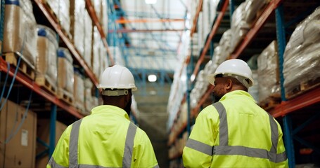 Man, employees and warehouse with inspection for manufacturing, delivery and stocktake. Back,...