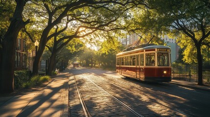 Obraz premium Vintage Streetcar Riding Through Sunlit City Streets