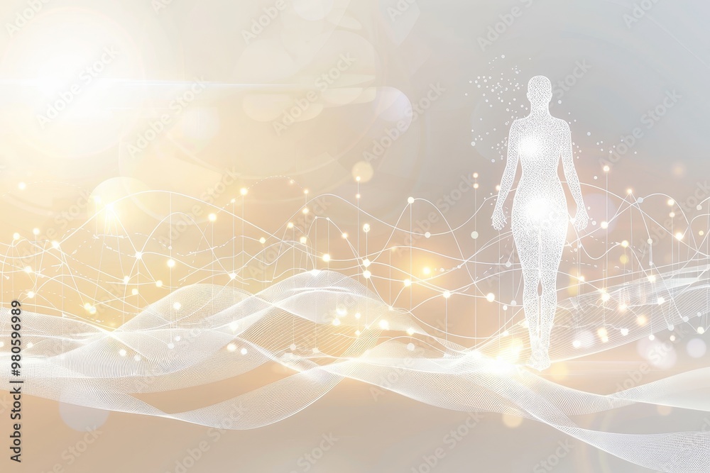 Aufkleber a digital human silhouette standing in a futuristic space, surrounded by glowing abstract waves and 