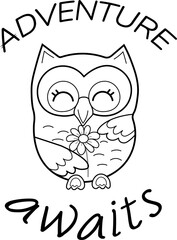 Vector illustration of owl. Owl with flower. Illustration with phrase. Adventure in the world of animals.