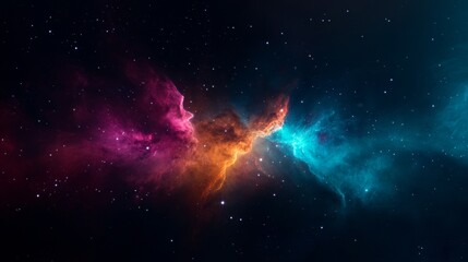 Fototapeta premium Cosmic clouds of pink, orange, and blue swirl in the vast expanse of space, illuminated by distant stars.