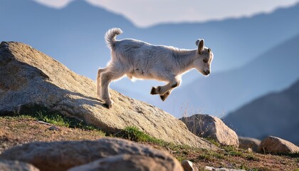 Young goat leaping on rocks