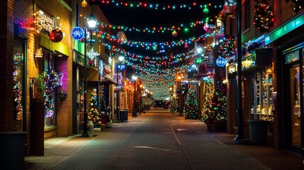 A vibrant, festive street adorned with colorful lights and Christmas decorations, creating a cheerful holiday atmosphere.