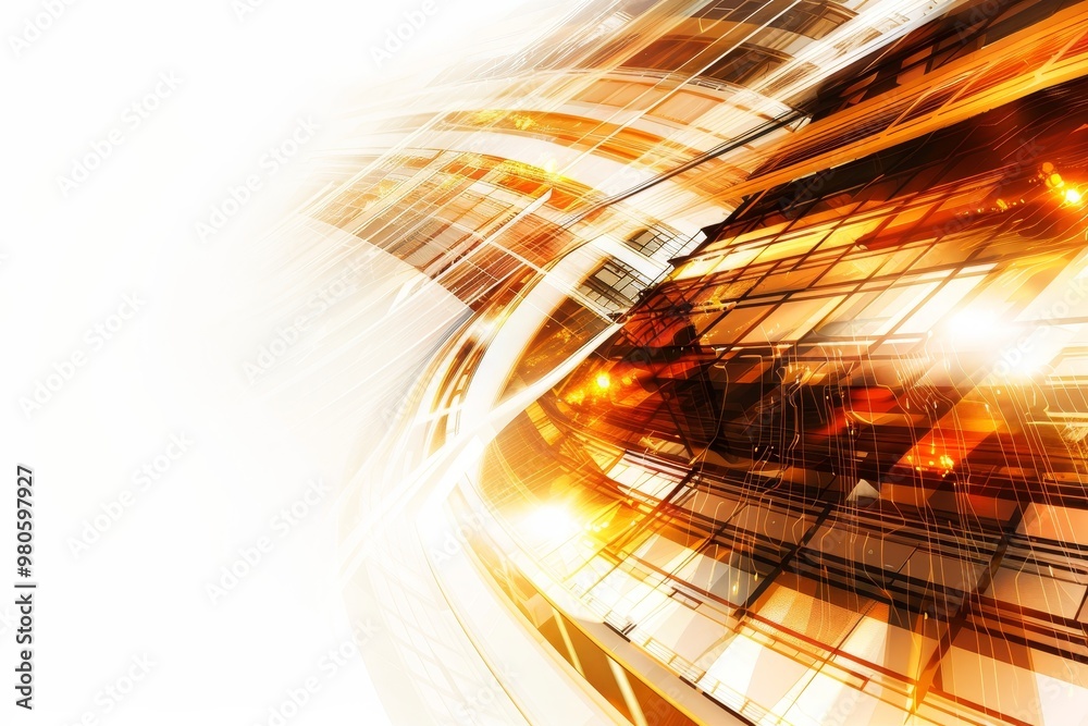 Poster Dynamic abstract architecture with motion blur and bright light trails, highlighting the energy and speed of a modern, futuristic city with innovative building designs.